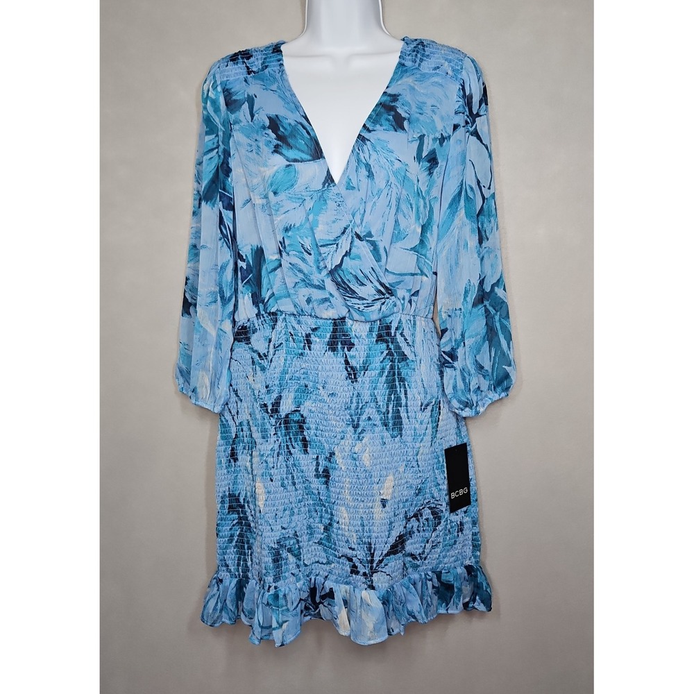 BCBG Womens Blue Floral Smocked Mini Dress Size 10 NWT
